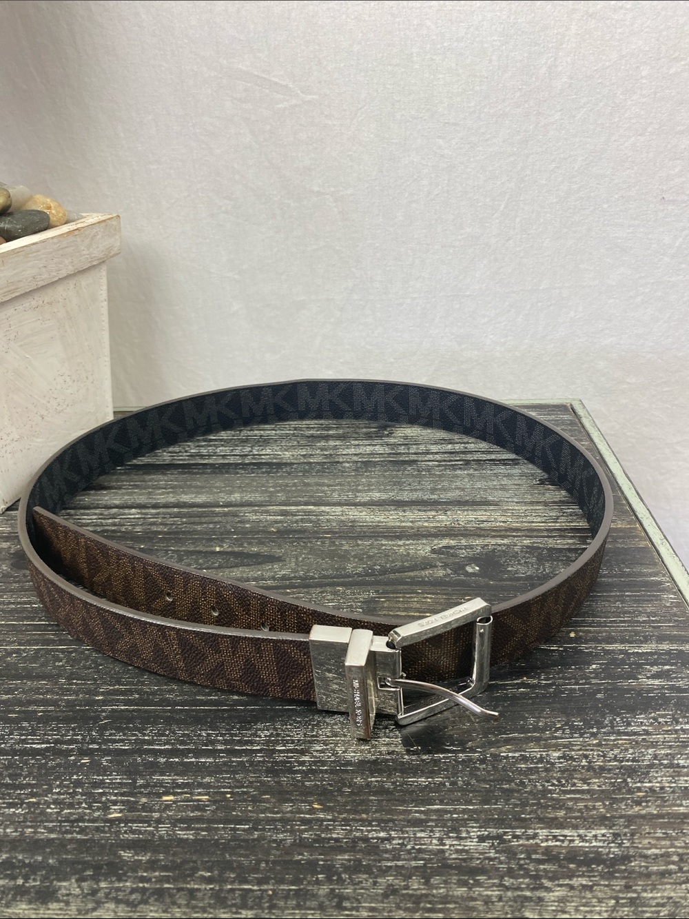 Michael Kors Black & Brown Logo Print Reversible Belt L